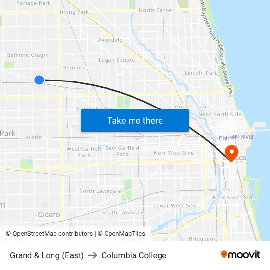 Grand & Long (East) to Columbia College map