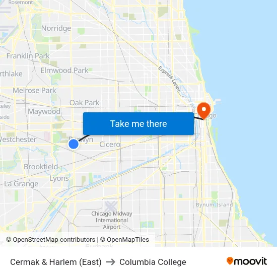 Cermak & Harlem (East) to Columbia College map