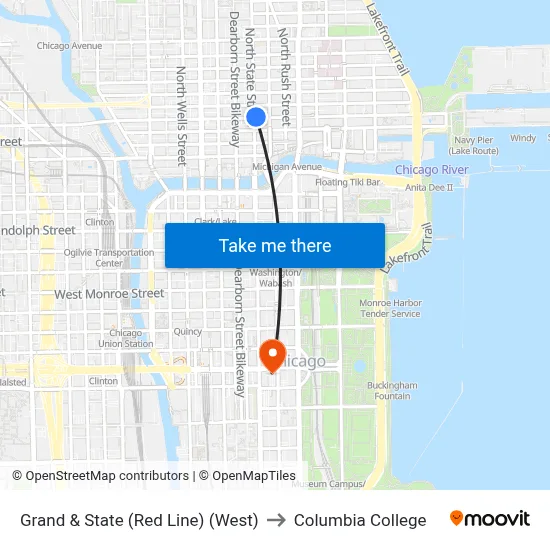 Grand & State (Red Line) (West) to Columbia College map