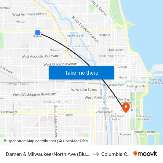 Damen & Milwaukee/North Ave (Blue Line) (North) to Columbia College map