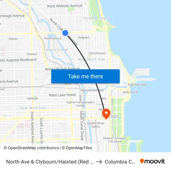 North Ave & Clybourn/Halsted (Red Line) (East) to Columbia College map