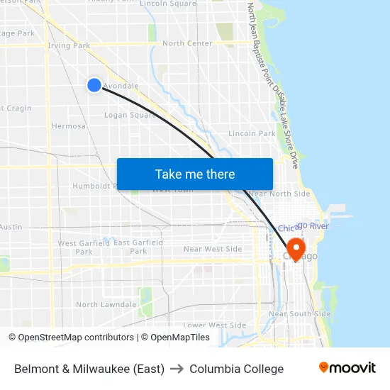Belmont & Milwaukee (East) to Columbia College map