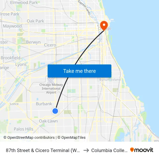 87th Street & Cicero Terminal (West) to Columbia College map