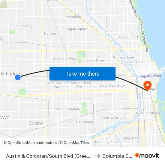 Austin & Corcoran/South Blvd (Green Line) (North) to Columbia College map