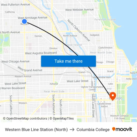 Western Blue Line Station (North) to Columbia College map