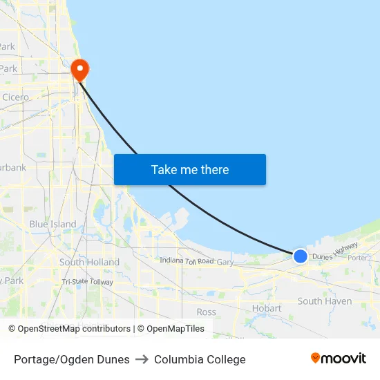 Portage/Ogden Dunes to Columbia College map