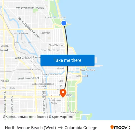 North Avenue Beach (West) to Columbia College map
