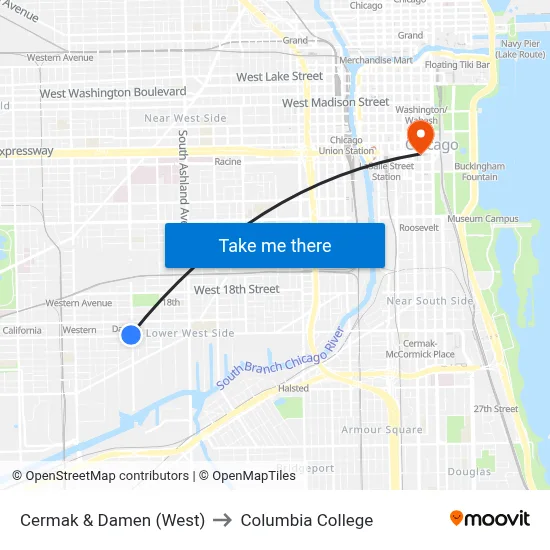 Cermak & Damen (West) to Columbia College map