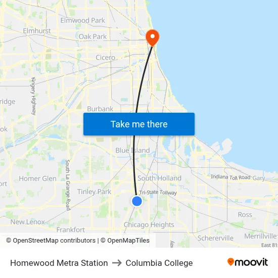 Homewood Metra Station to Columbia College map