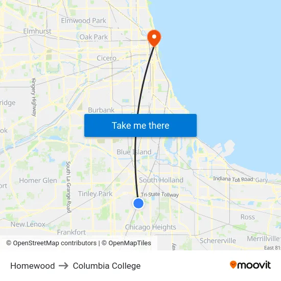 Homewood to Columbia College map