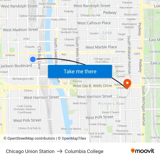 Chicago Union Station to Columbia College map