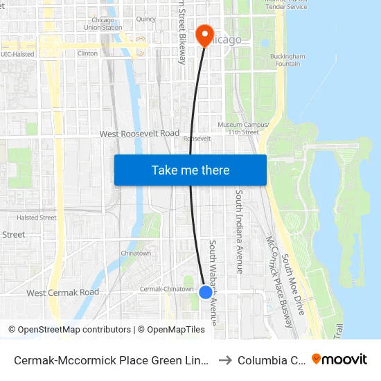 Cermak-Mccormick Place Green Line Station (East) to Columbia College map