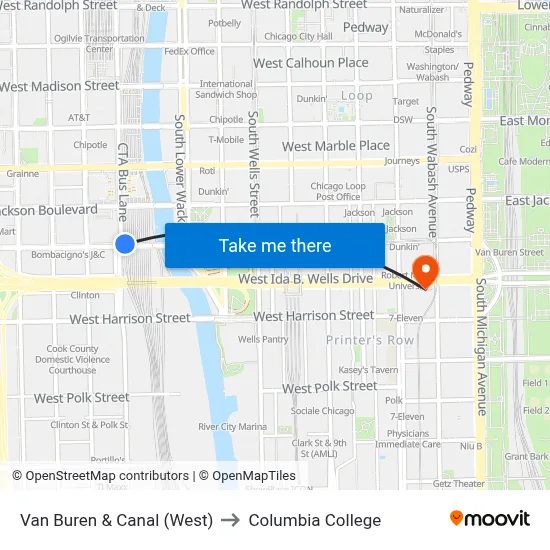 Van Buren & Canal (West) to Columbia College map