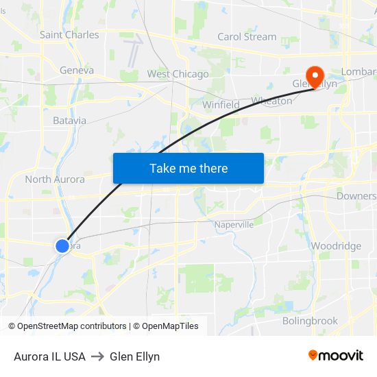 Aurora IL USA to Glen Ellyn map