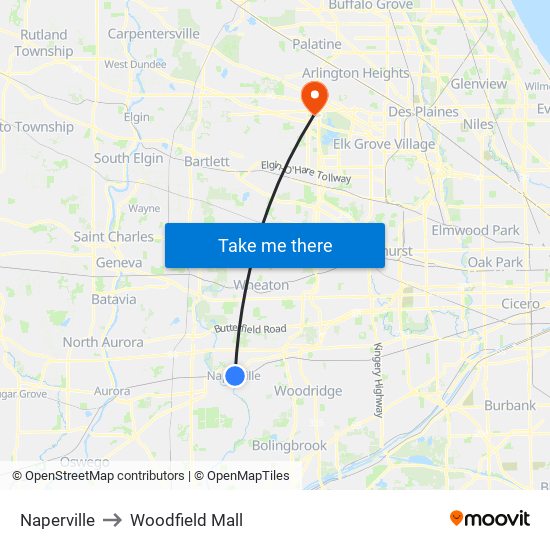 Naperville to Woodfield Mall map