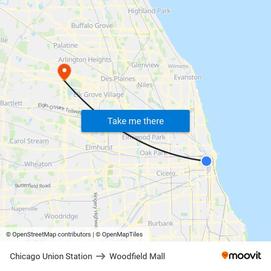 Chicago Union Station to Woodfield Mall map