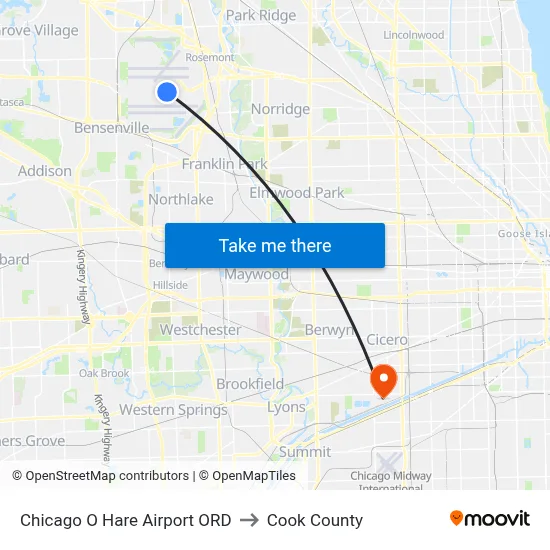 Chicago O Hare Airport ORD to Cook County map