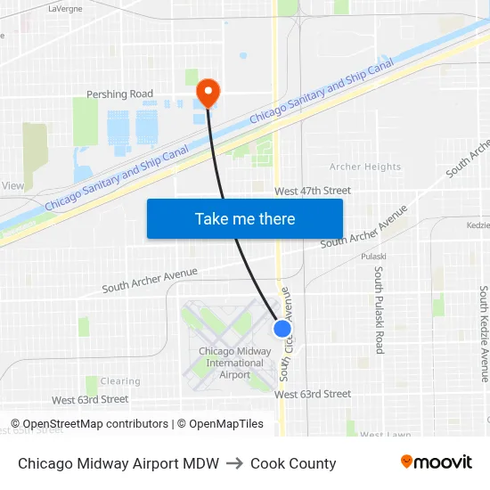 Chicago Midway Airport MDW to Cook County map