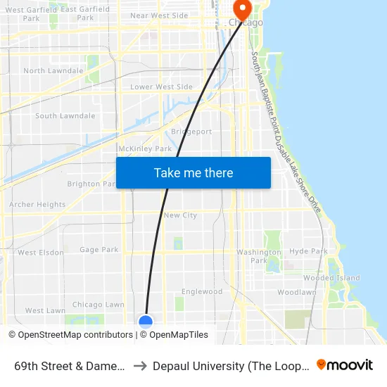 69th Street & Damen (East) to Depaul University (The Loop Campus) map