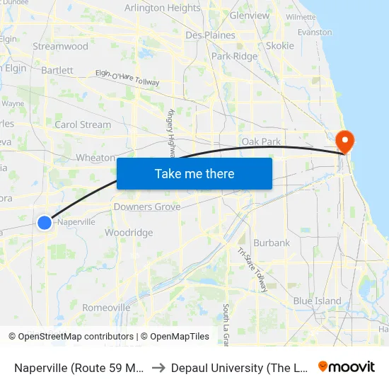 Naperville (Route 59 Metra Station) to Depaul University (The Loop Campus) map