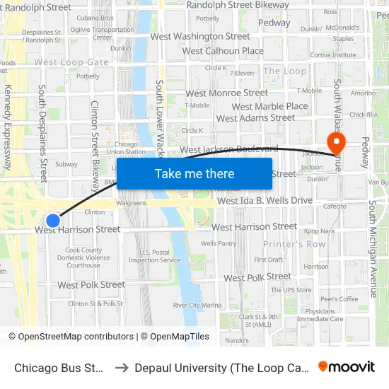 Chicago Bus Station to Depaul University (The Loop Campus) map