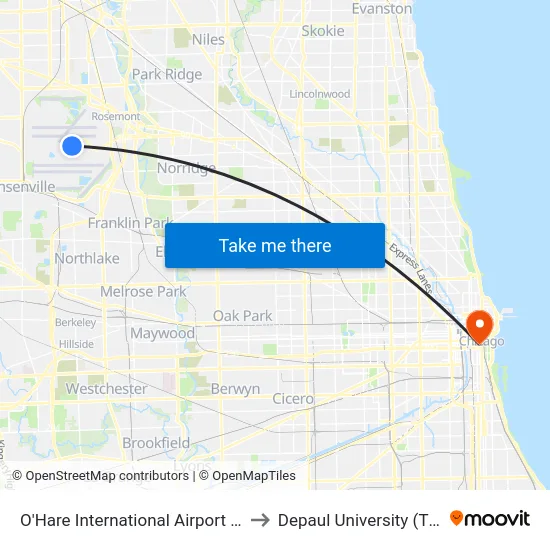 O'Hare International Airport - Terminal 1 Departures to Depaul University (The Loop Campus) map