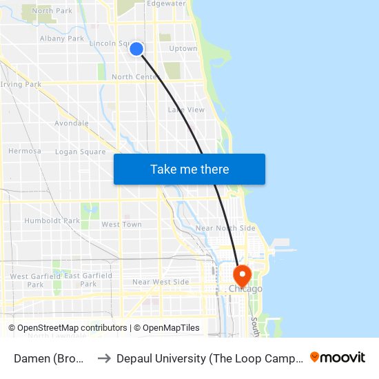 Damen (Brown) to Depaul University (The Loop Campus) map