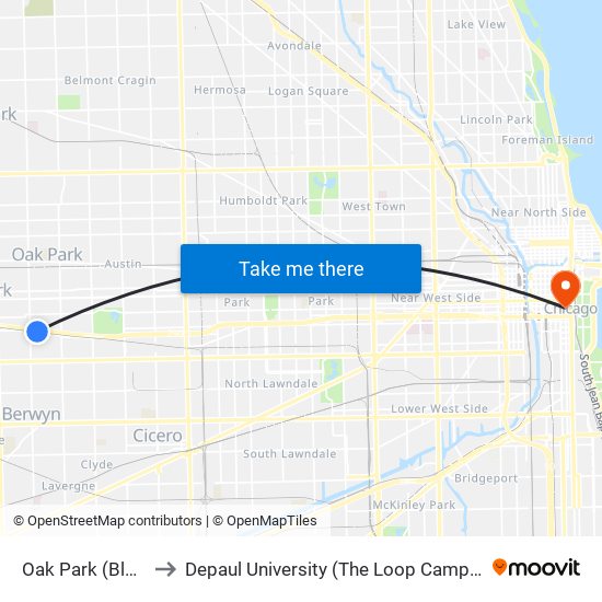 Oak Park (Blue) to Depaul University (The Loop Campus) map