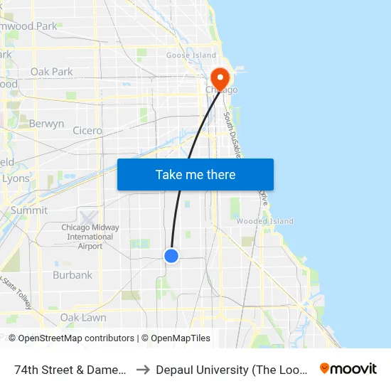 74th Street & Damen (West) to Depaul University (The Loop Campus) map