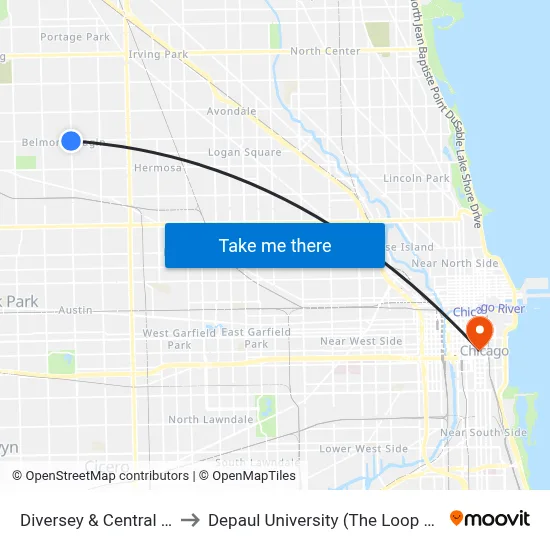 Diversey & Central (East) to Depaul University (The Loop Campus) map