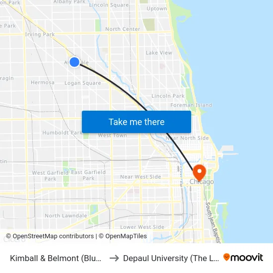 Kimball & Belmont (Blue Line) (North) to Depaul University (The Loop Campus) map