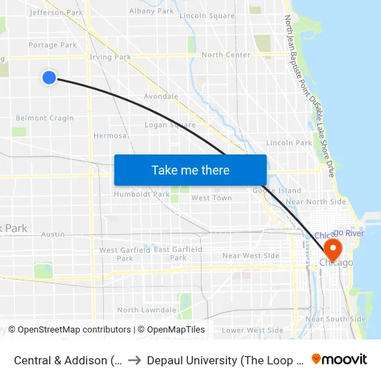 Central & Addison (North) to Depaul University (The Loop Campus) map