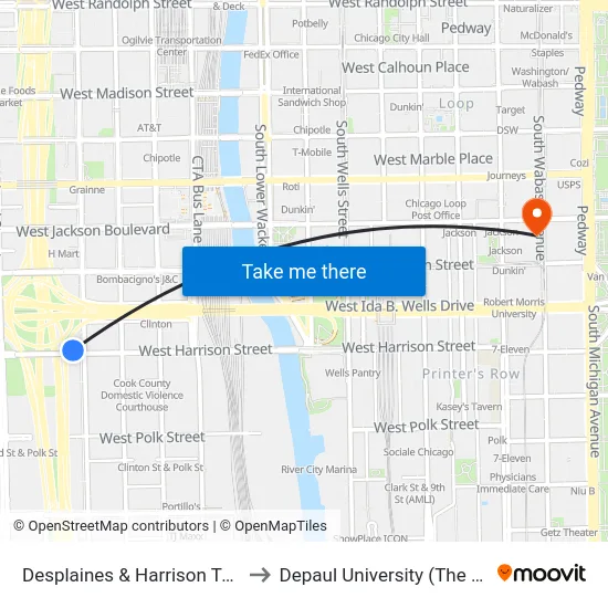Desplaines & Harrison Terminal (South) to Depaul University (The Loop Campus) map
