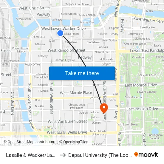 Lasalle & Wacker/Lake (South) to Depaul University (The Loop Campus) map