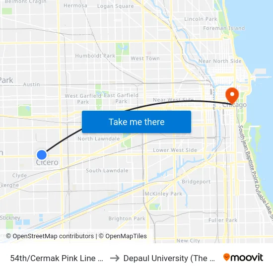 54th/Cermak Pink Line Station (West) to Depaul University (The Loop Campus) map