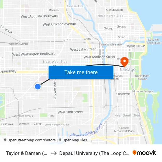 Taylor & Damen (West) to Depaul University (The Loop Campus) map