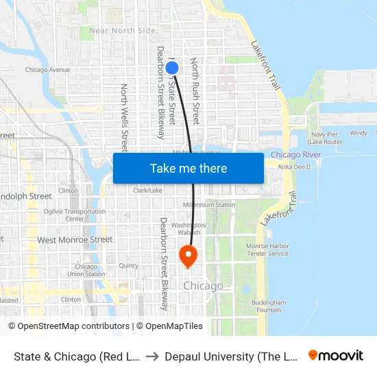 State & Chicago (Red Line) (South) to Depaul University (The Loop Campus) map
