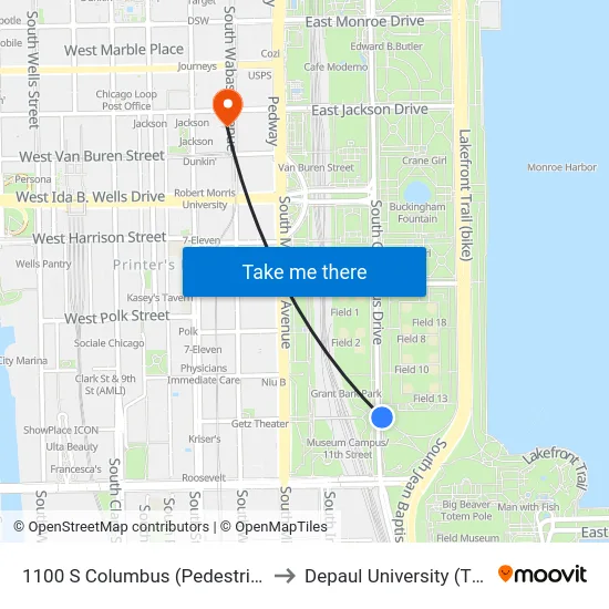 1100 S Columbus (Pedestrian Underpass) (North) to Depaul University (The Loop Campus) map