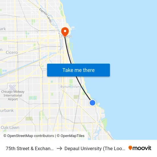 75th Street & Exchange (East) to Depaul University (The Loop Campus) map
