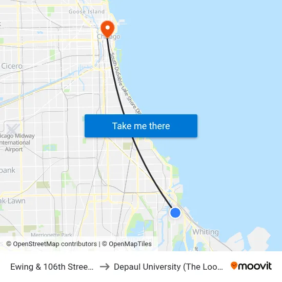 Ewing & 106th Street (North) to Depaul University (The Loop Campus) map