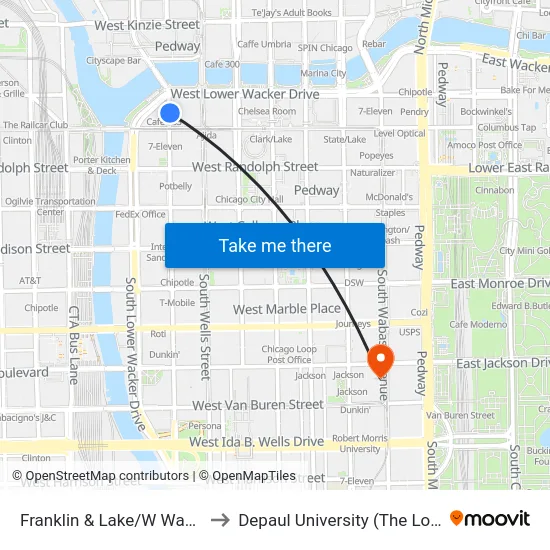 Franklin & Lake/W Wacker (North) to Depaul University (The Loop Campus) map
