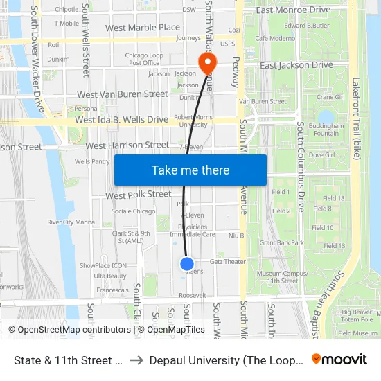 State & 11th Street (South) to Depaul University (The Loop Campus) map