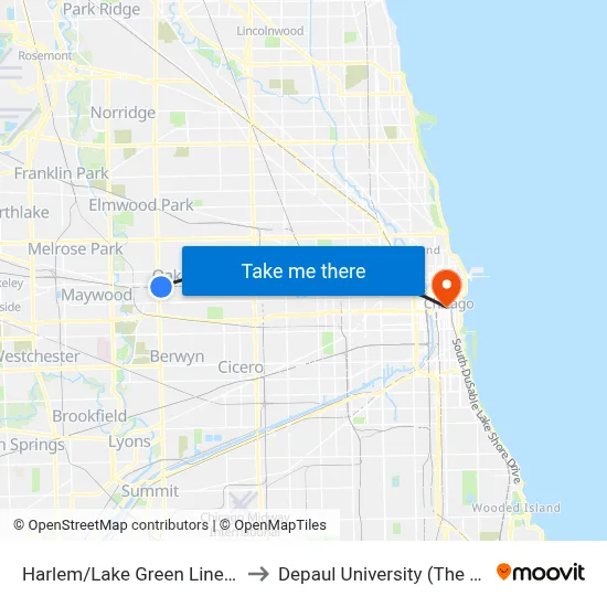 Harlem/Lake Green Line Station (West) to Depaul University (The Loop Campus) map