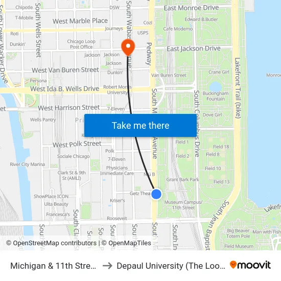 Michigan & 11th Street (North) to Depaul University (The Loop Campus) map