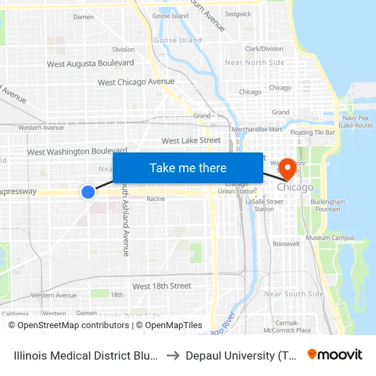 Illinois Medical District Blue Line Station (North) to Depaul University (The Loop Campus) map