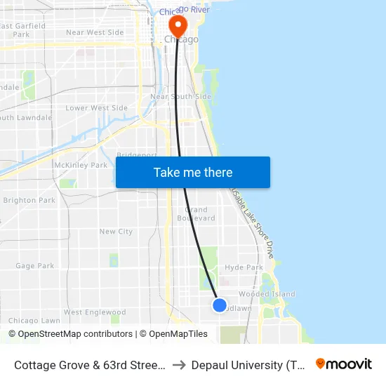 Cottage Grove & 63rd Street (Green Line) (North) to Depaul University (The Loop Campus) map