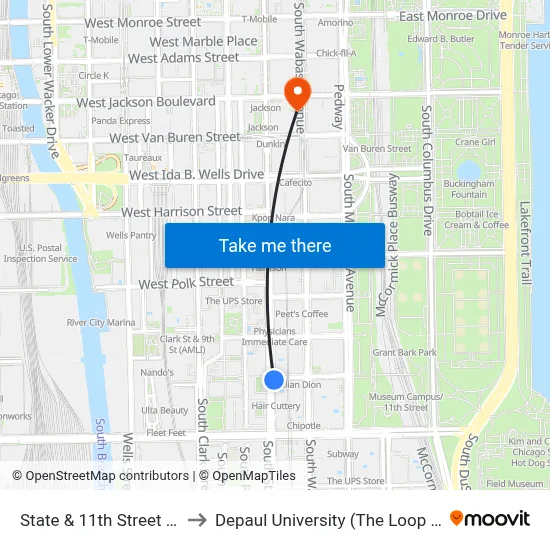 State & 11th Street (North) to Depaul University (The Loop Campus) map