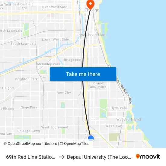 69th Red Line Station (West) to Depaul University (The Loop Campus) map