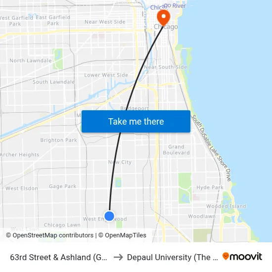 63rd Street & Ashland (Green Line) (East) to Depaul University (The Loop Campus) map