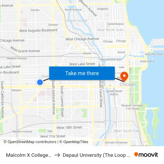 Malcolm X College (East) to Depaul University (The Loop Campus) map